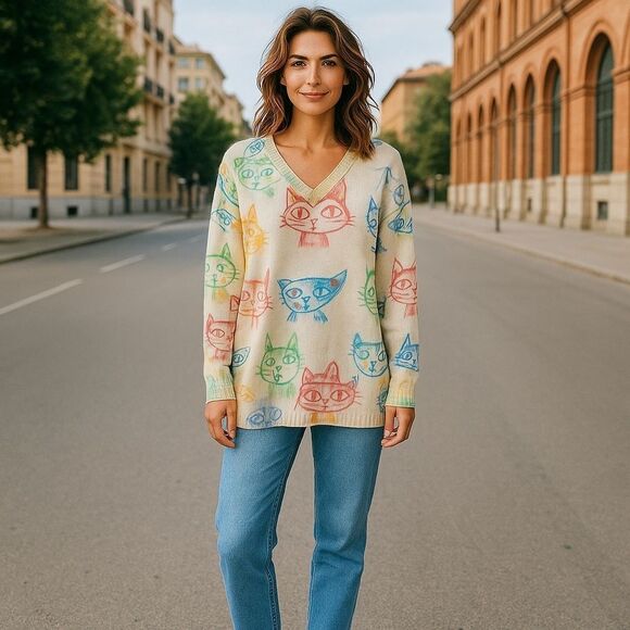 FFF Boutique Pale Yellow Kitty Cat Head Design Pullover Sweater Size Large NWT - Picture 1 of 5